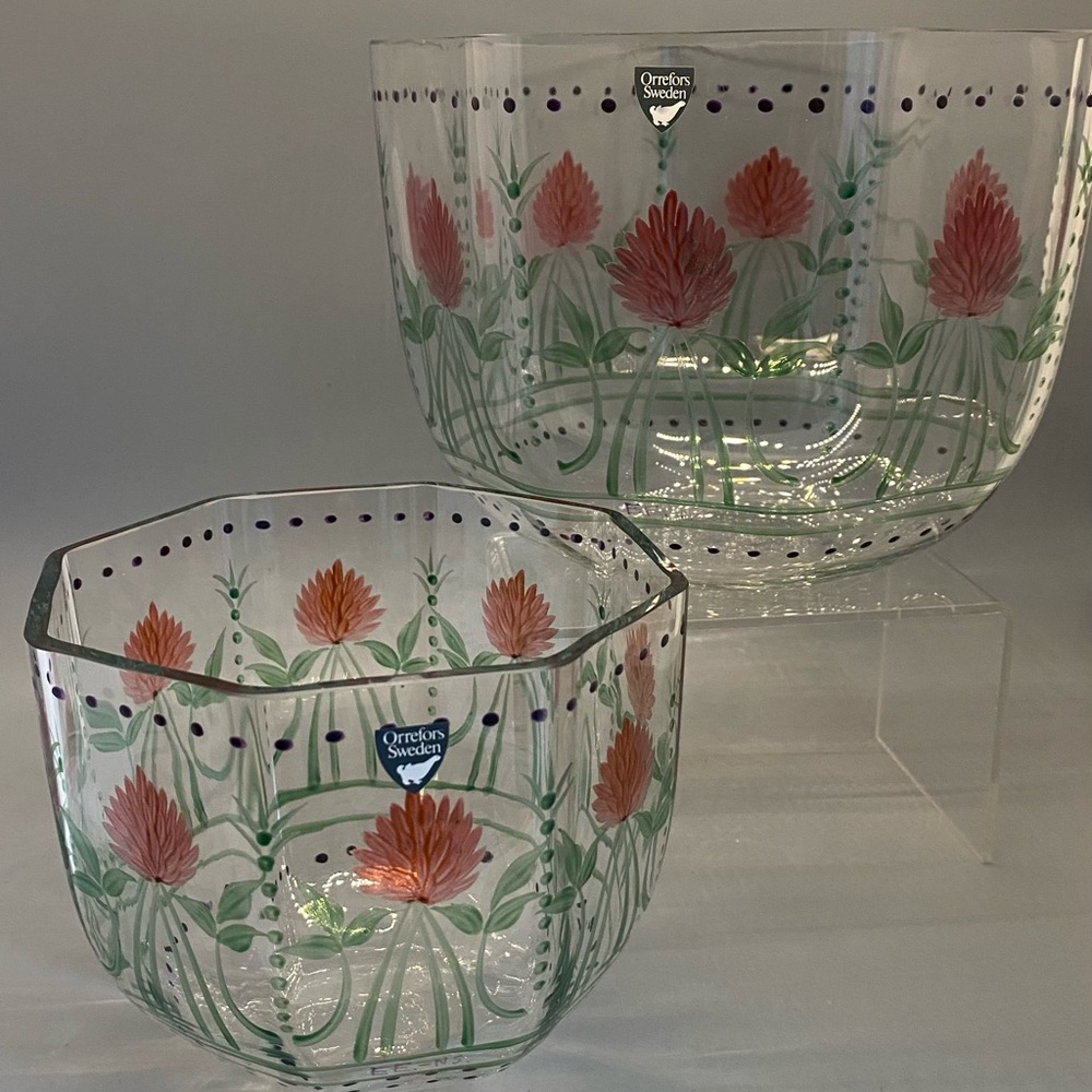Orrefors Kostaboda Glass Art with Red and Green Floral Design
